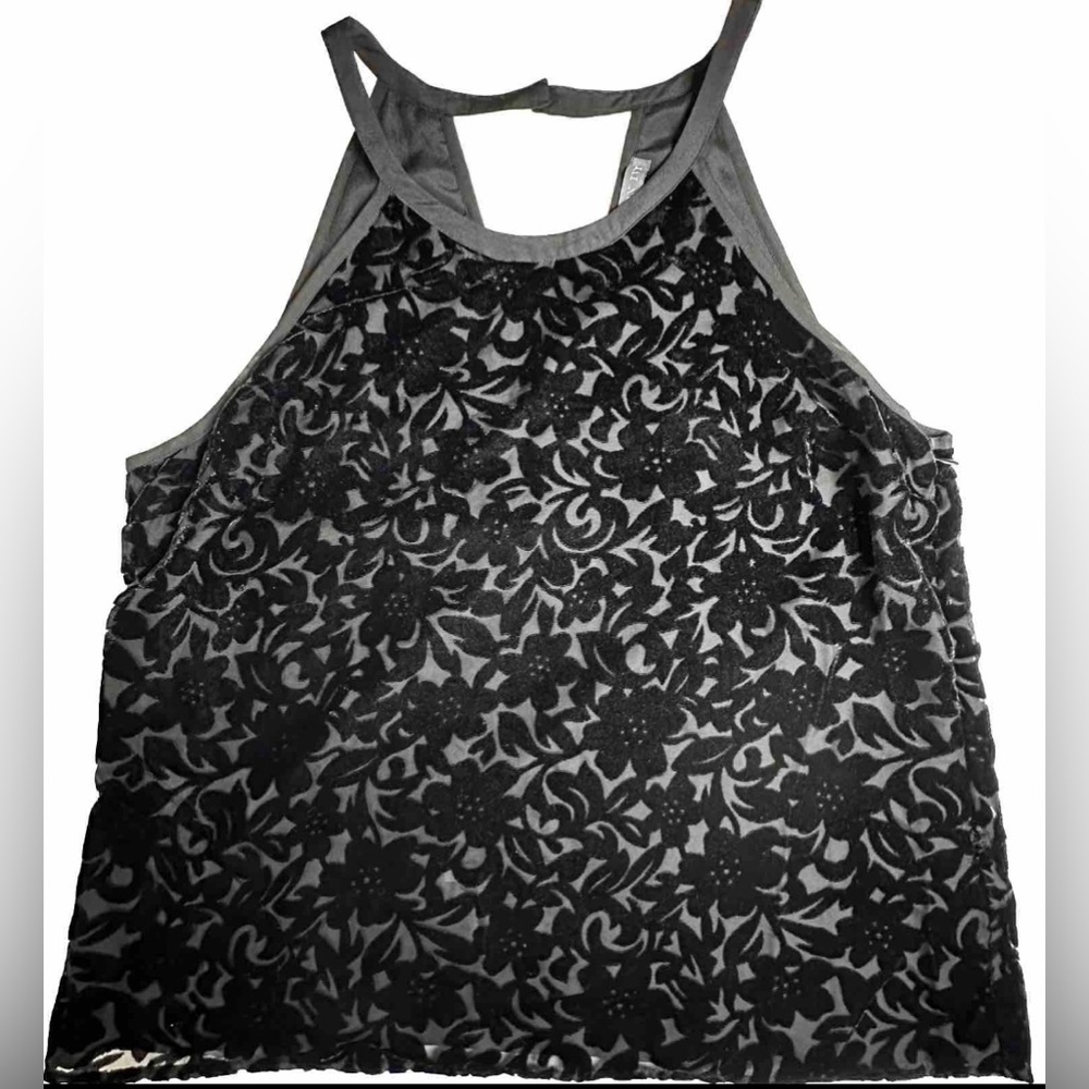 Brixon Ivy Black Velvet Floral Halter Tank Top With‎ Button Neck Closure XL